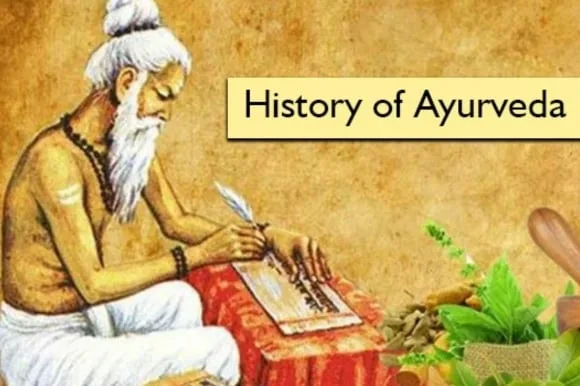 Illustrated banner of an Ayurvedic sage writing on palm leaves, titled History of Ayurveda
